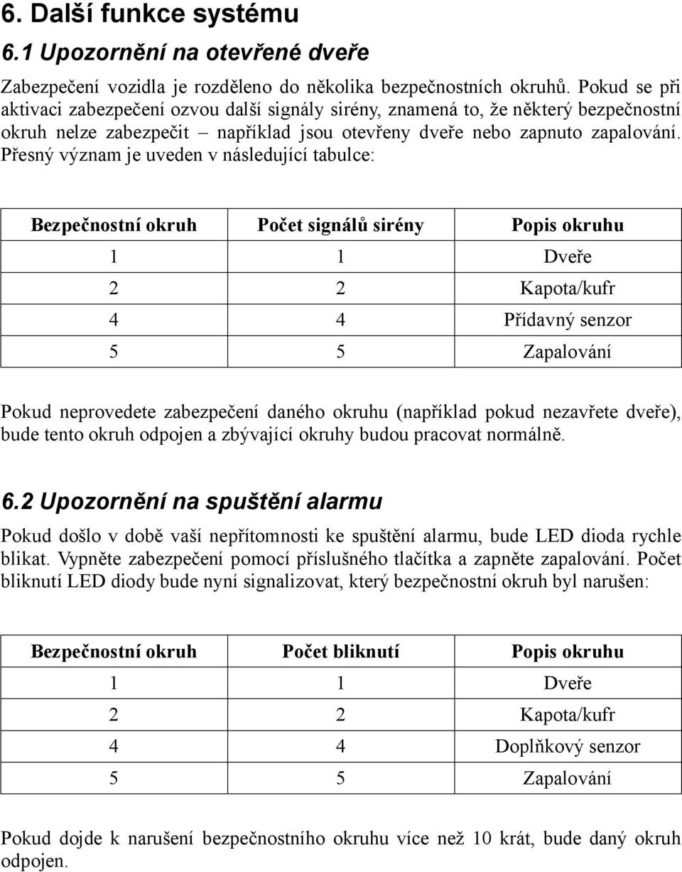 Přesný význam je uveden v následující tabulce: Bezpečnostní okruh Počet signálů sirény Popis okruhu 1 1 Dveře 2 2 Kapota/kufr 4 4 Přídavný senzor 5 5 Zapalování Pokud neprovedete zabezpečení daného