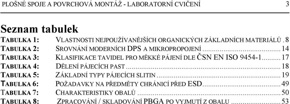 ..14 TABULKA 3: KLASIFIKACE TAVIDEL PRO MĚKKÉ PÁJENÍ DLE ČSN EN ISO 9454-1...17 TABULKA 4: DĚLENÍ PÁJECÍCH PAST.