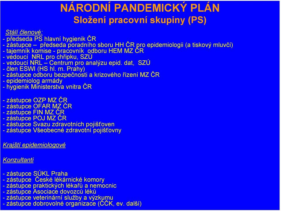 Prahy) - zástupce odboru bezpečnosti a krizového řízení MZ ČR - epidemiolog armády - hygienik Ministerstva vnitra ČR - zástupce OZP MZ ČR - zástupce OFAR MZ ČR - zástupce FIN MZ ČR - zástupce POJ MZ