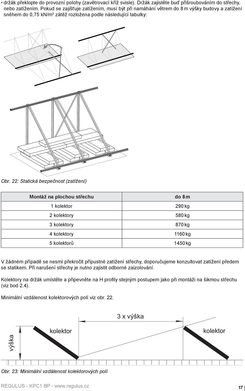 22: Statická bezpečnost (zatížení) Montáž na plochou střechu do 8 m 1 kolektor 290 kg 2 kolektory 580 kg 3 kolektory 870 kg 4 kolektory 1160 kg 5 kolektorů 1450 kg V žádném případě se nesmí překročit