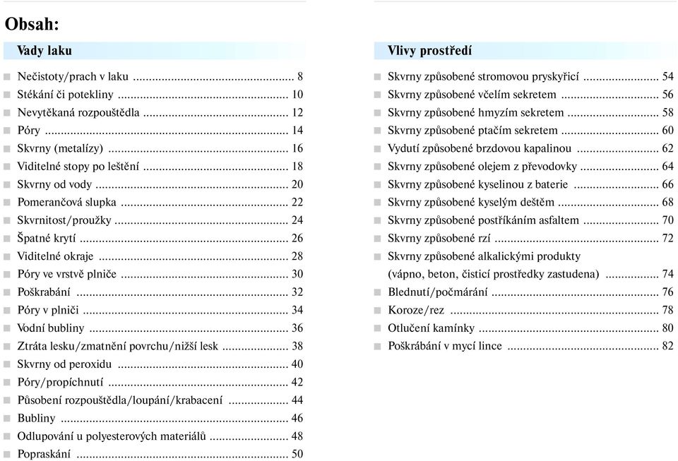 .. 36 Ztráta lesku/zmatnění povrchu/nižší lesk... 38 Skvrny od peroxidu... 40 Póry/propíchnutí... 42 Působení rozpouštědla/loupání/krabacení... 44 Bubliny... 46 Odlupování u polyesterových materiálů.