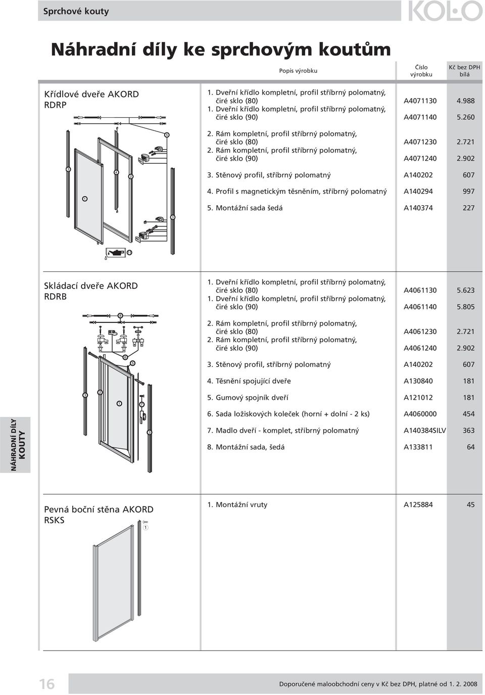 Stěnový profil, stříbrný polomatný A140202 607 4. Profil s magnetickým těsněním, stříbrný polomatný A140294 997 5. Montážní sada šedá A140374 227 Skládací dveře AKORD RDRB 1.
