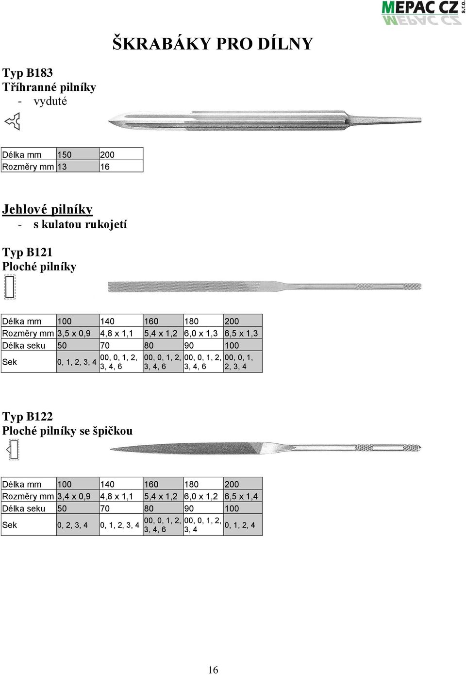Délka seku 50 70 80 90 100 Sek 0, 1, 2,, 6, 6, 6 00, 0, 1, 2, Typ B122 Ploché pilníky se špičkou Délka mm 100 140 160 180