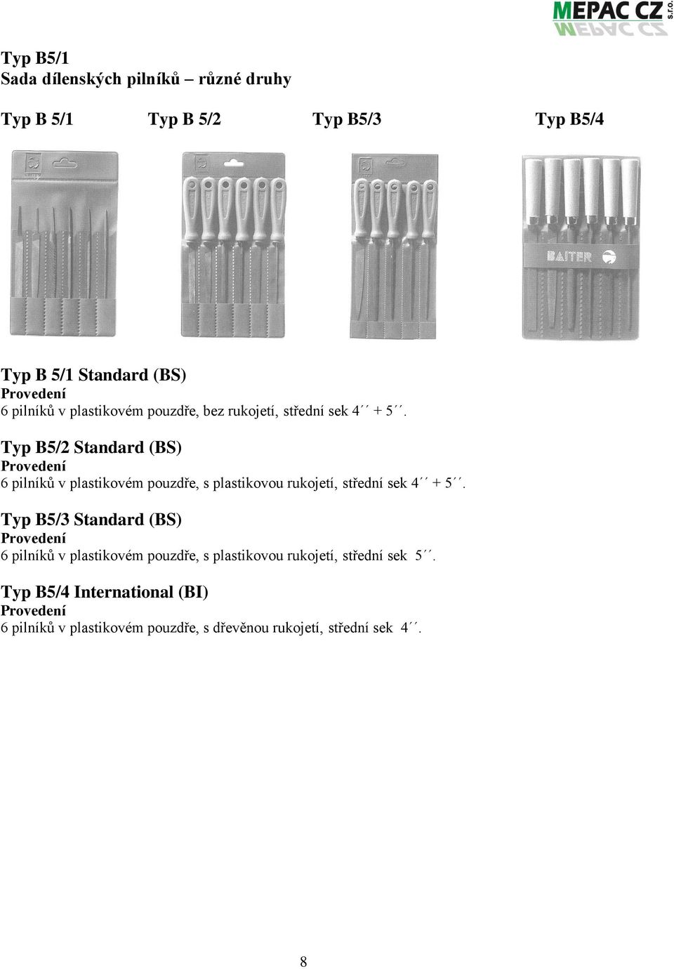 Typ B5/2 Standard (BS) 6 pilníků v plastikovém pouzdře, s plastikovou rukojetí, střední sek 4 + 5.