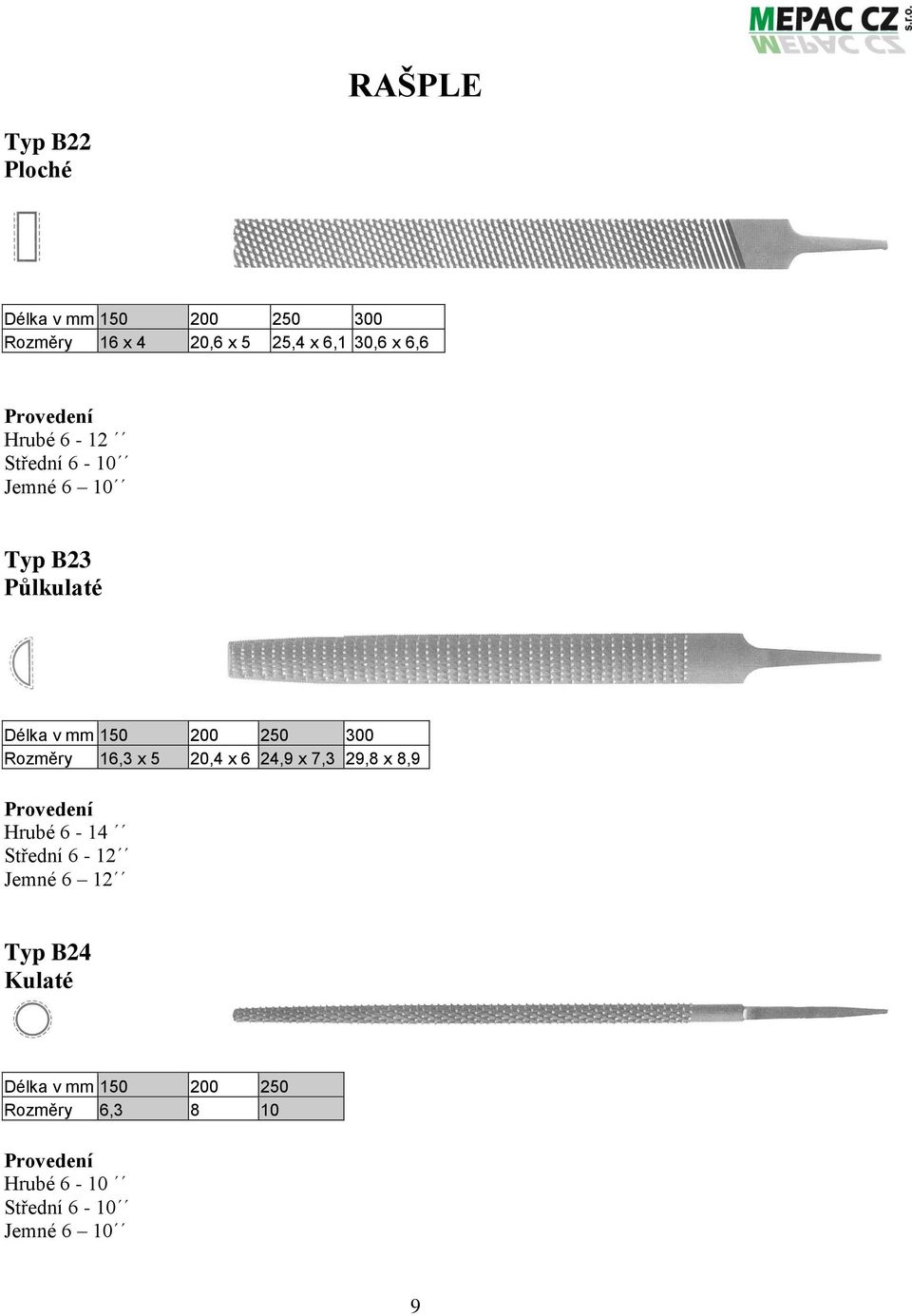 300 Rozměry 16,3 x 5 20,4 x 6 24,9 x 7,3 29,8 x 8,9 Hrubé 6-14 Střední 6-12 Jemné 6 12