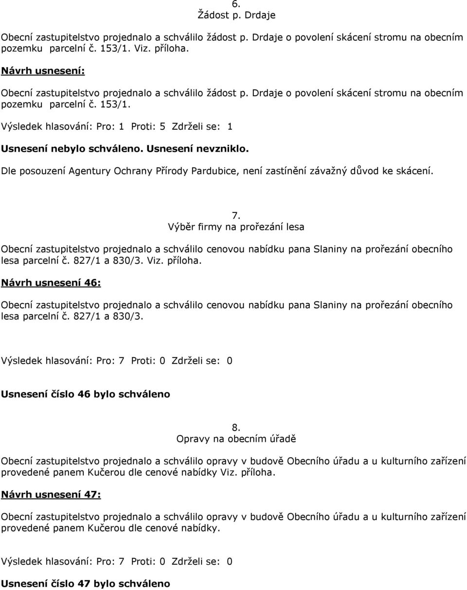 Výsledek hlasování: Pro: 1 Proti: 5 Zdrželi se: 1 Usnesení nebylo schváleno. Usnesení nevzniklo. Dle posouzení Agentury Ochrany Přírody Pardubice, není zastínění závažný důvod ke skácení. 7.