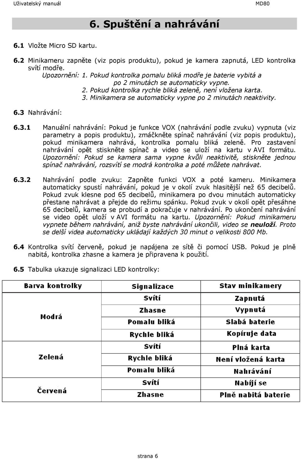 Minikamera se automaticky vypne po 2 minutách neaktivity. 6.3 