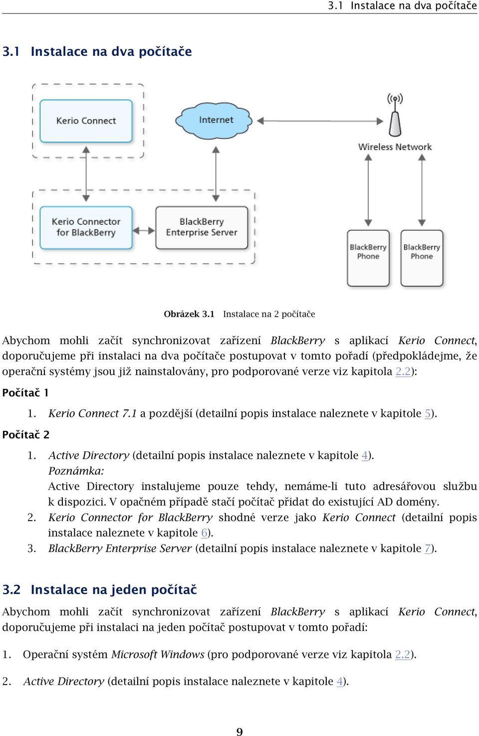 operační systémy jsou již nainstalovány, pro podporované verze viz kapitola 2.2): Počítač 1 1. Kerio Connect 7.1 a pozdější (detailní popis instalace naleznete v kapitole 5). Počítač 2 1.