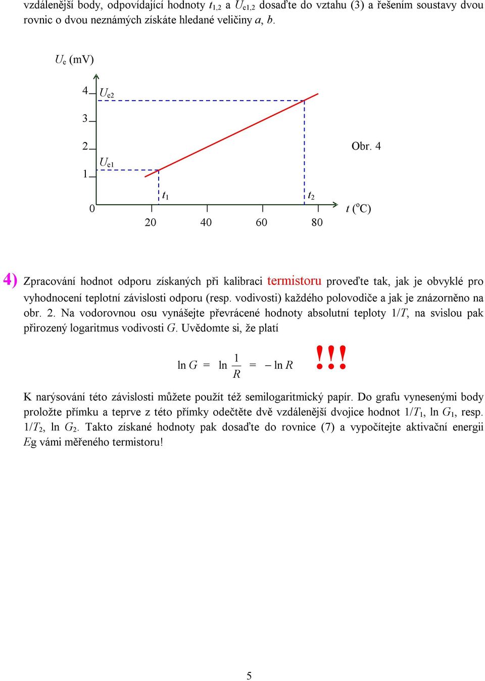 Na vodorovnou osu vynášejte převrácené hodnoty absolutní teploty /T, na svislou pak přirozený logaritmus vodivosti G Uvědomte si, že platí ln G = ln = ln!