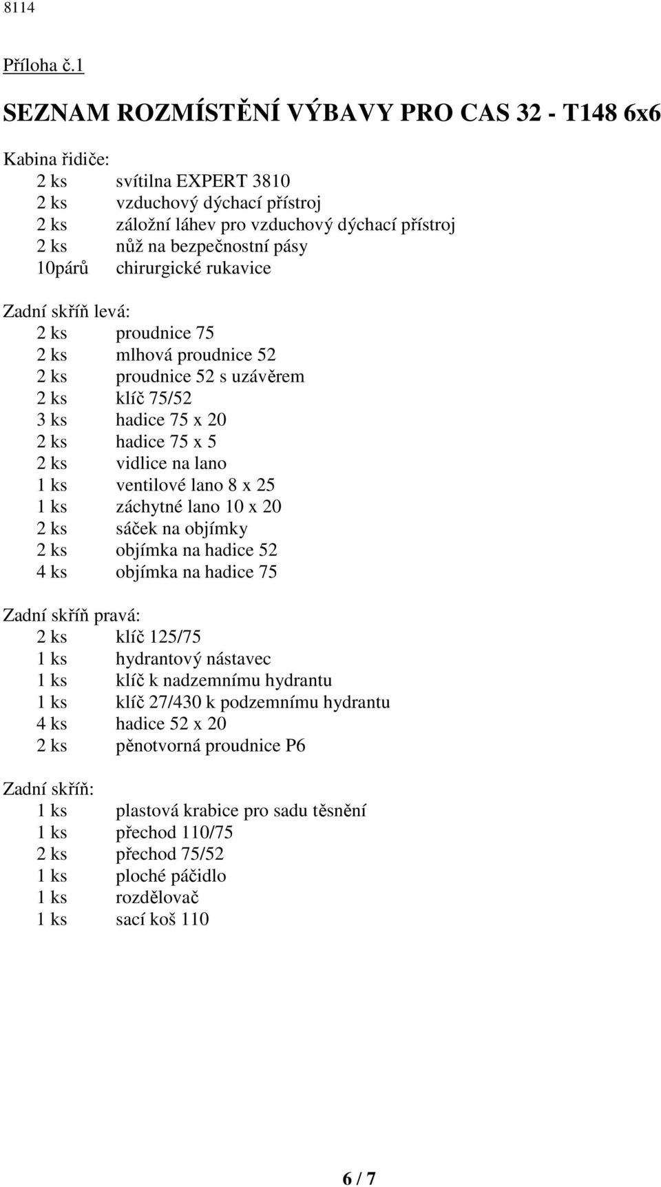 pásy 10párů chirurgické rukavice Zadní skříň levá: 2 ks proudnice 75 2 ks mlhová proudnice 52 2 ks proudnice 52 s uzávěrem 2 ks klíč 75/52 3 ks hadice 75 x 20 2 ks hadice 75 x 5 2 ks vidlice na lano