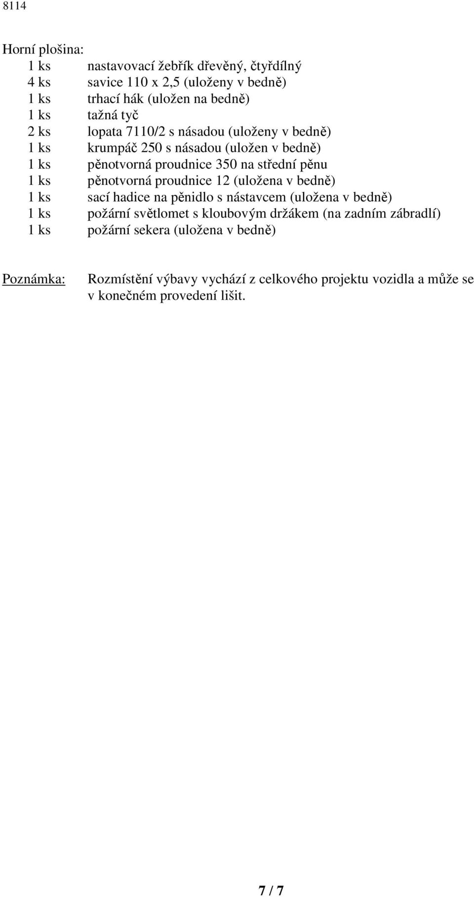 pěnotvorná proudnice 12 (uložena v bedně) 1 ks sací hadice na pěnidlo s nástavcem (uložena v bedně) 1 ks požární světlomet s kloubovým držákem (na