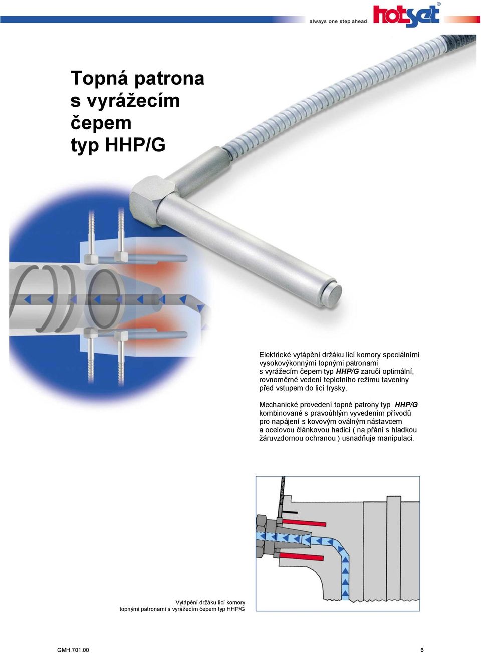 Mechanické provedení topné patrony typ HHP/G kombinované s pravoúhlým vyvedením přívodů pro napájení s kovovým oválným nástavcem a ocelovou