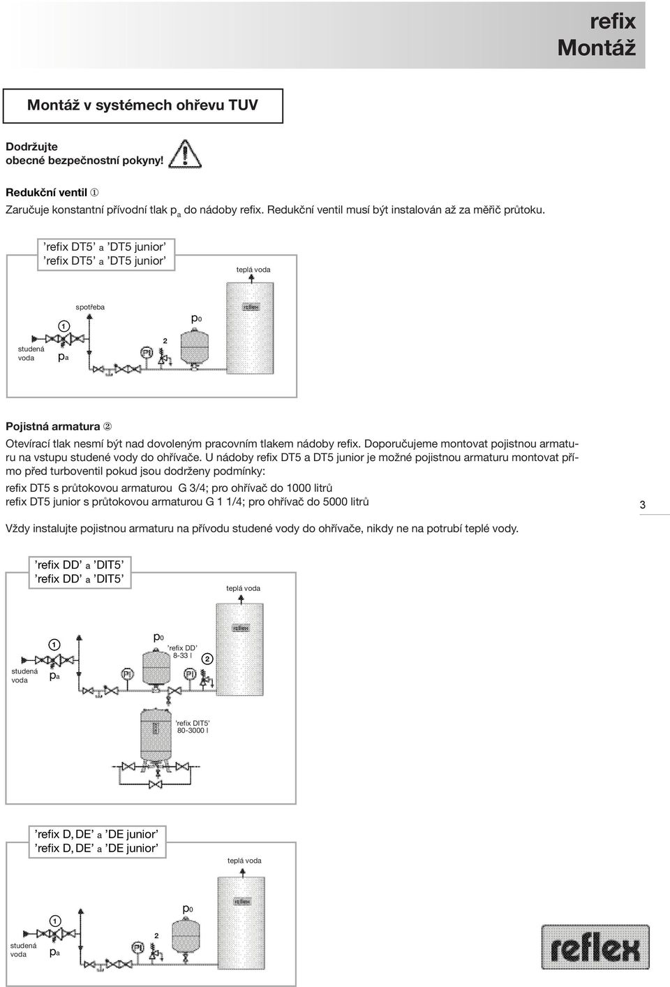 refix DT5 a DT5 junior refix DT5 a DT5 junior teplá voda spotřeba 1 studená voda 2 Pojistná armatura 2 Otevírací tlak nesmí být nad dovoleným pracovním tlakem nádoby refix.