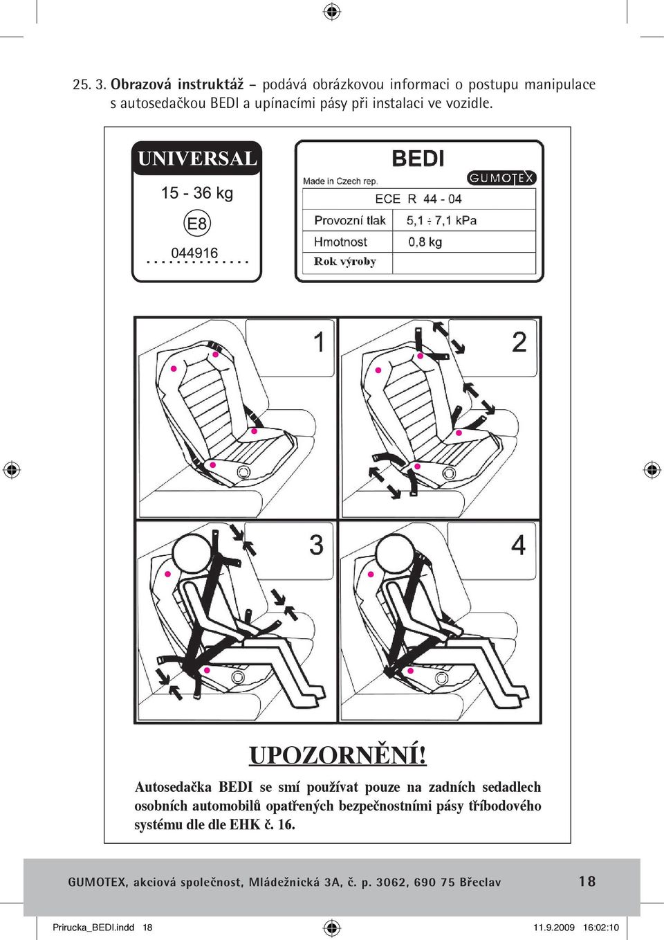 pásy při instalaci ve vozidle. UPOZORNĚNÍ!