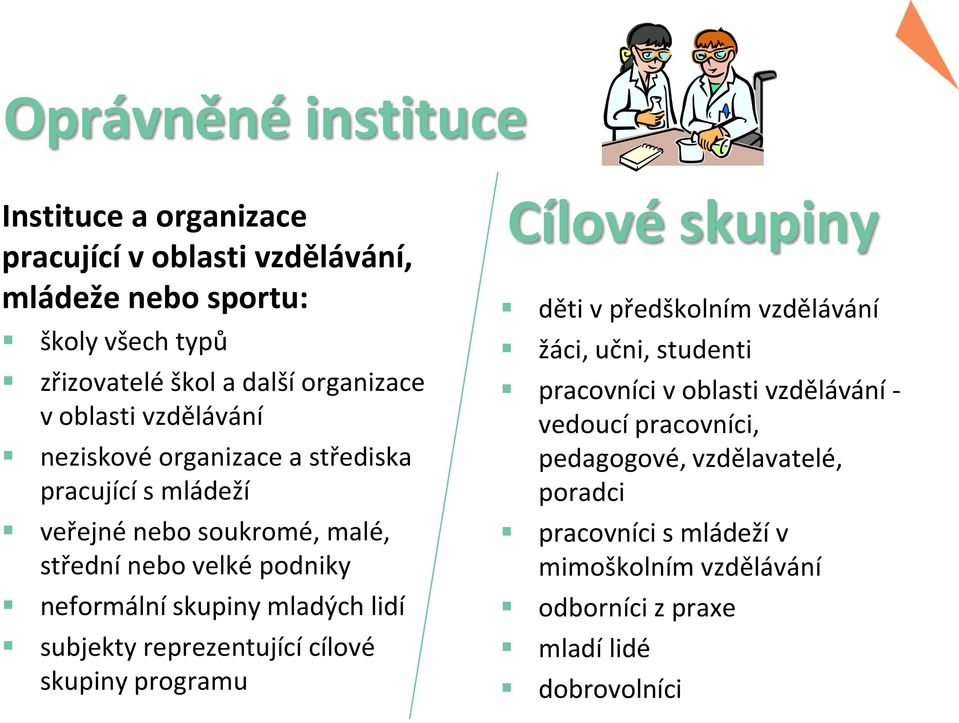 mladých lidí subjekty reprezentující cílové skupiny programu Cílové skupiny děti v předškolním vzdělávání žáci, učni, studenti pracovníci v oblasti