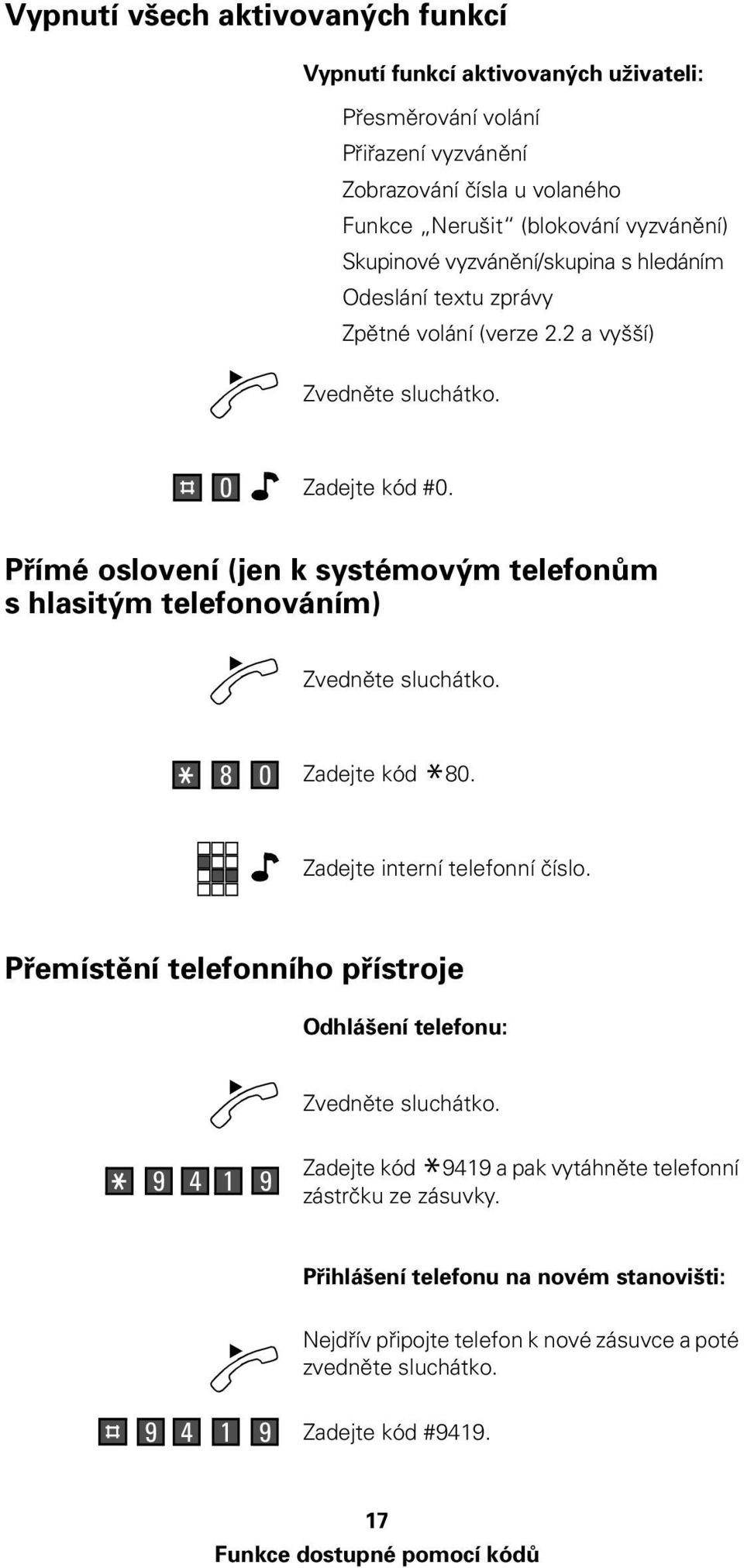 Přímé oslovení (jen k systémovým telefonům s hlasitým telefonováním) 8 0 * 80. Zadejte interní telefonní číslo.