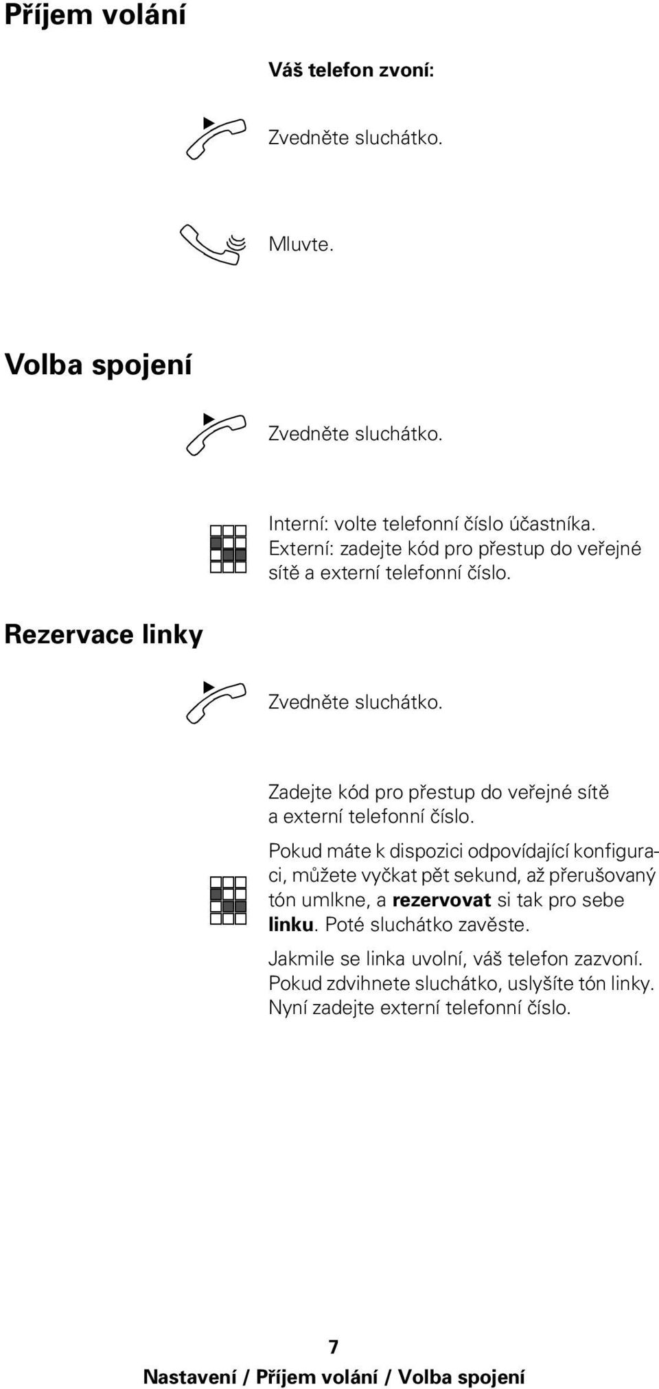 Rezervace linky pro přestup do veřejné sítě a externí telefonní číslo.