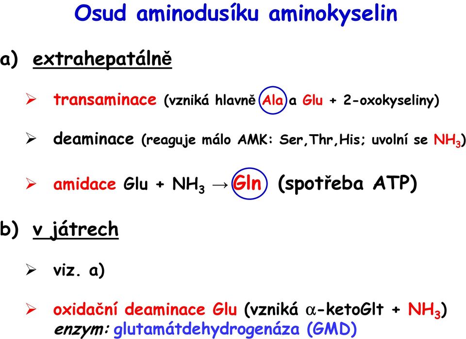 se NH 3 ) amidace Glu + NH 3 Gln (spotřeba ATP) b) v játrech viz.