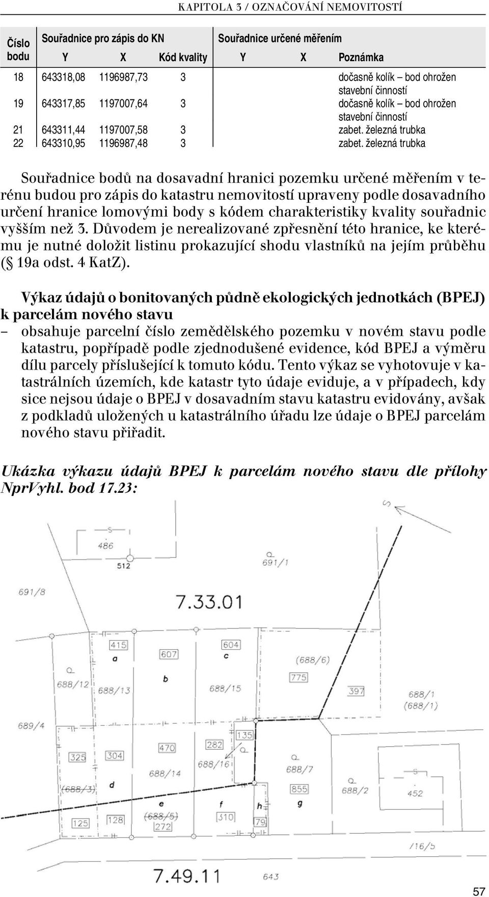 železná trubka Souřadnice bodů na dosavadní hranici pozemku určené měřením v terénu budou pro zápis do katastru nemovitostí upraveny podle dosavadního určení hranice lomovými body s kódem