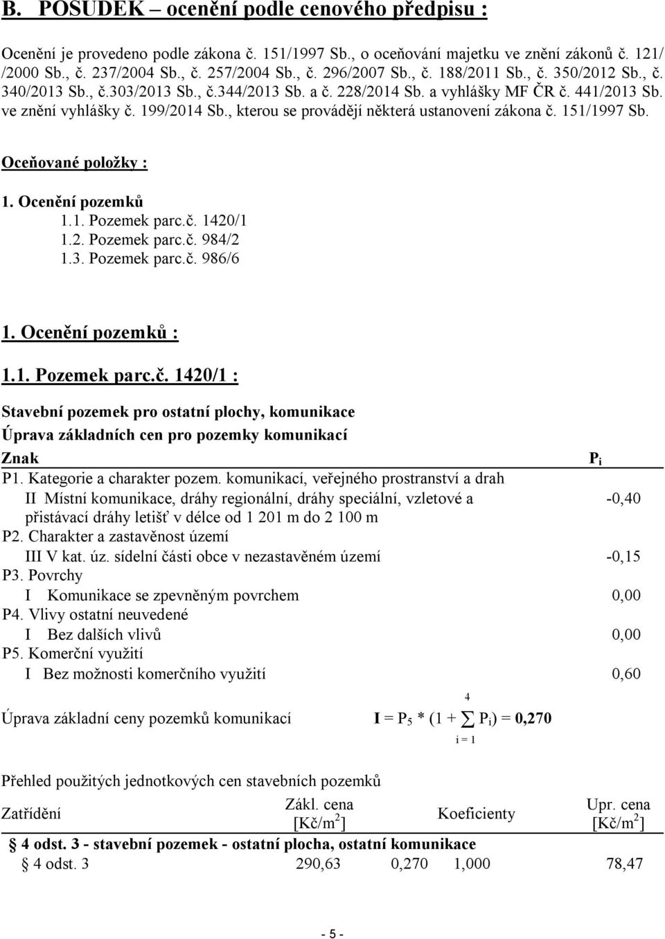 , kterou se provádějí některá ustanovení zákona č. 151/1997 Sb. Oceňované položky : 1. Ocenění pozemků 1.1. Pozemek parc.č. 1420/1 1.2. Pozemek parc.č. 984/2 1.3. Pozemek parc.č. 986/6 1.