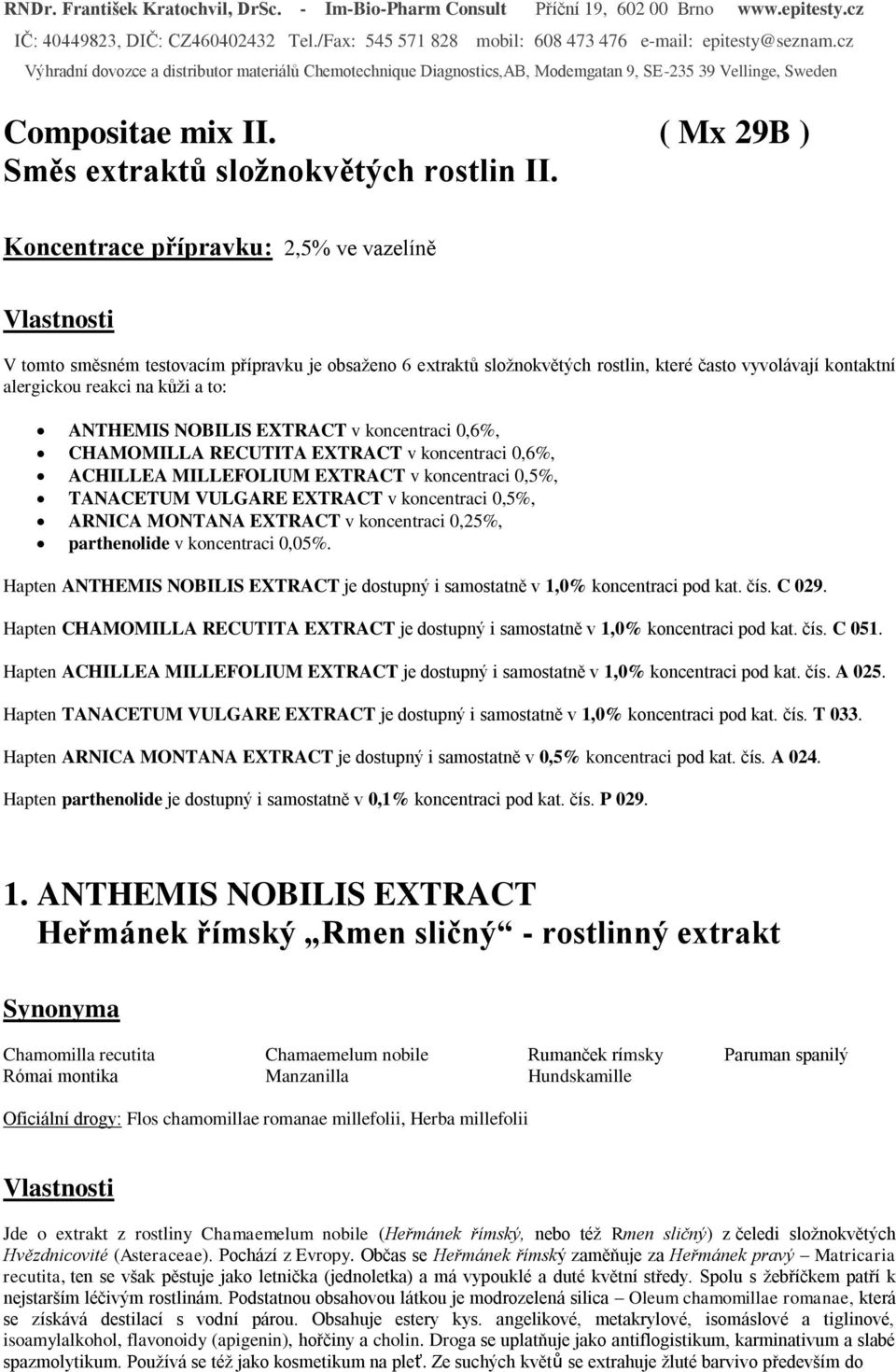NOBILIS EXTRACT v koncentraci 0,6%, CHAMOMILLA RECUTITA EXTRACT v koncentraci 0,6%, ACHILLEA MILLEFOLIUM EXTRACT v koncentraci 0,5%, TANACETUM VULGARE EXTRACT v koncentraci 0,5%, ARNICA MONTANA