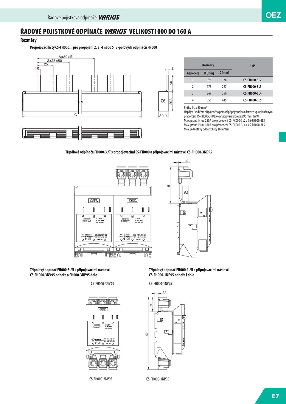 CS-FH000-3L5 C 15,3 Průřez lišty 50 mm 2 Napájení vodičem připojeného pomocí připojovacího nástavce s prodlouženým praporcem CS-FH000-3ND95 připojovací průřez až 95 mm 2 Cu/Al Max.