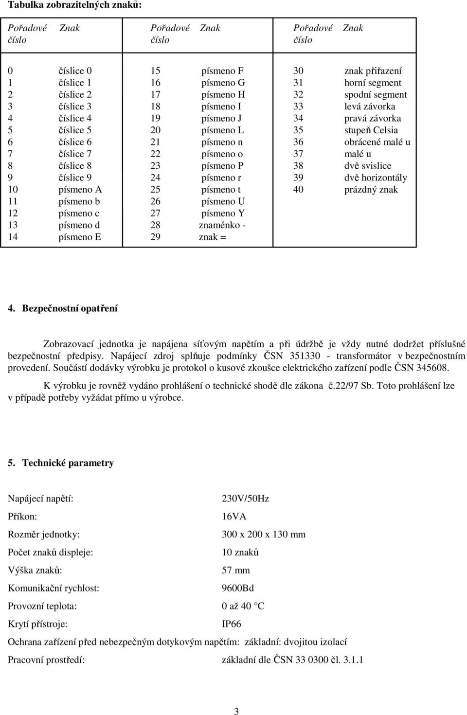 22 písmeno o 37 malé u 8 číslice 8 23 písmeno P 38 dvě svislice 9 číslice 9 24 písmeno r 39 dvě horizontály 10 písmeno A 25 písmeno t 40 prázdný znak 11 písmeno b 26 písmeno U 12 písmeno c 27 písmeno