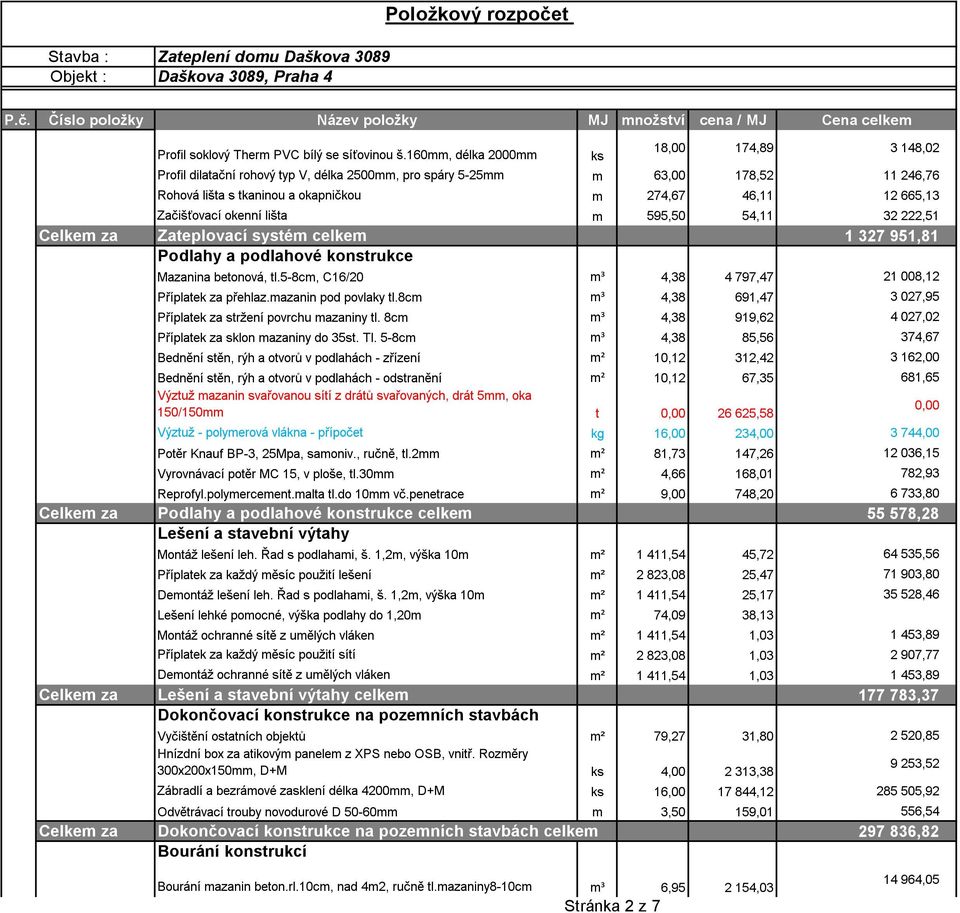 Začišťovací okenní lišta m 595,50 54,11 32 222,51 Celkem za Zateplovací systém celkem 1 327 951,81 Podlahy a podlahové konstrukce Mazanina betonová, tl.