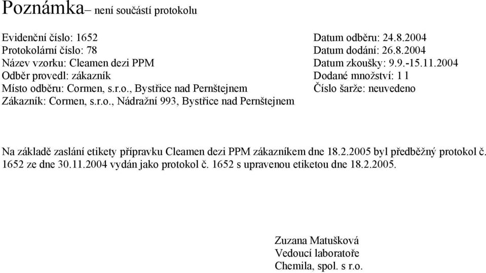 2005 byl předběžný protokol č. 1652 ze dne 30.11.2004 vydán jako protokol č.