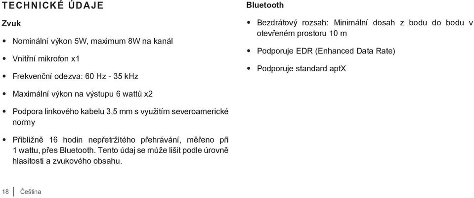 aptx Maximální výkon na výstupu 6 wattů x2 Podpora linkového kabelu 3,5 mm s využitím severoamerické normy Přibližně 16 hodin