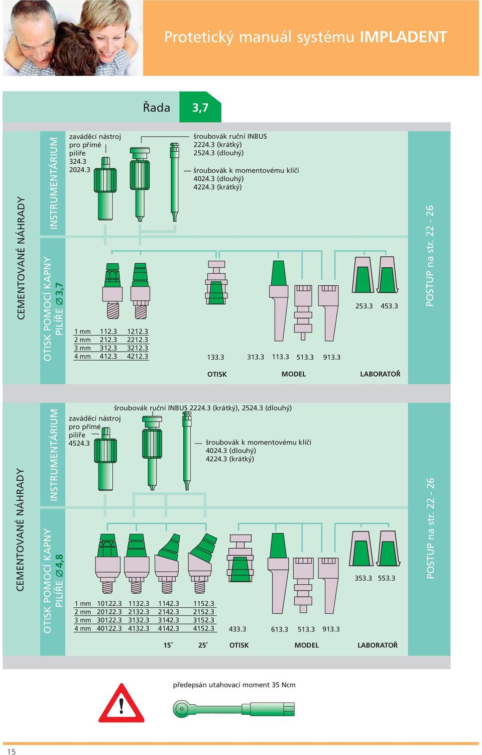 22-26 OTISK MODEL LABORATOŘ CEMENTOVANÉ NÁHRADY INSTRUMENTÁRIUM OTISK POMOCÍ KAPNY PILÍŘE 4,8 zaváděcí nástroj pro přímé pilíře 4524.3 1 mm 2 mm 3 mm 4 mm 10122.3 20122.3 30122.3 40122.