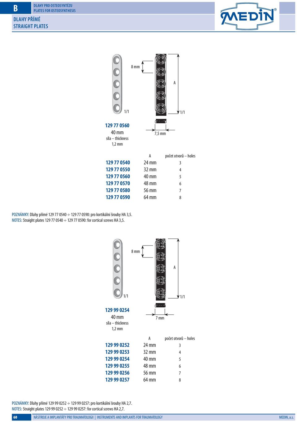 NOTES: Straight plates 129 77 0540 129 77 0590: for cortical screws H 3,5.