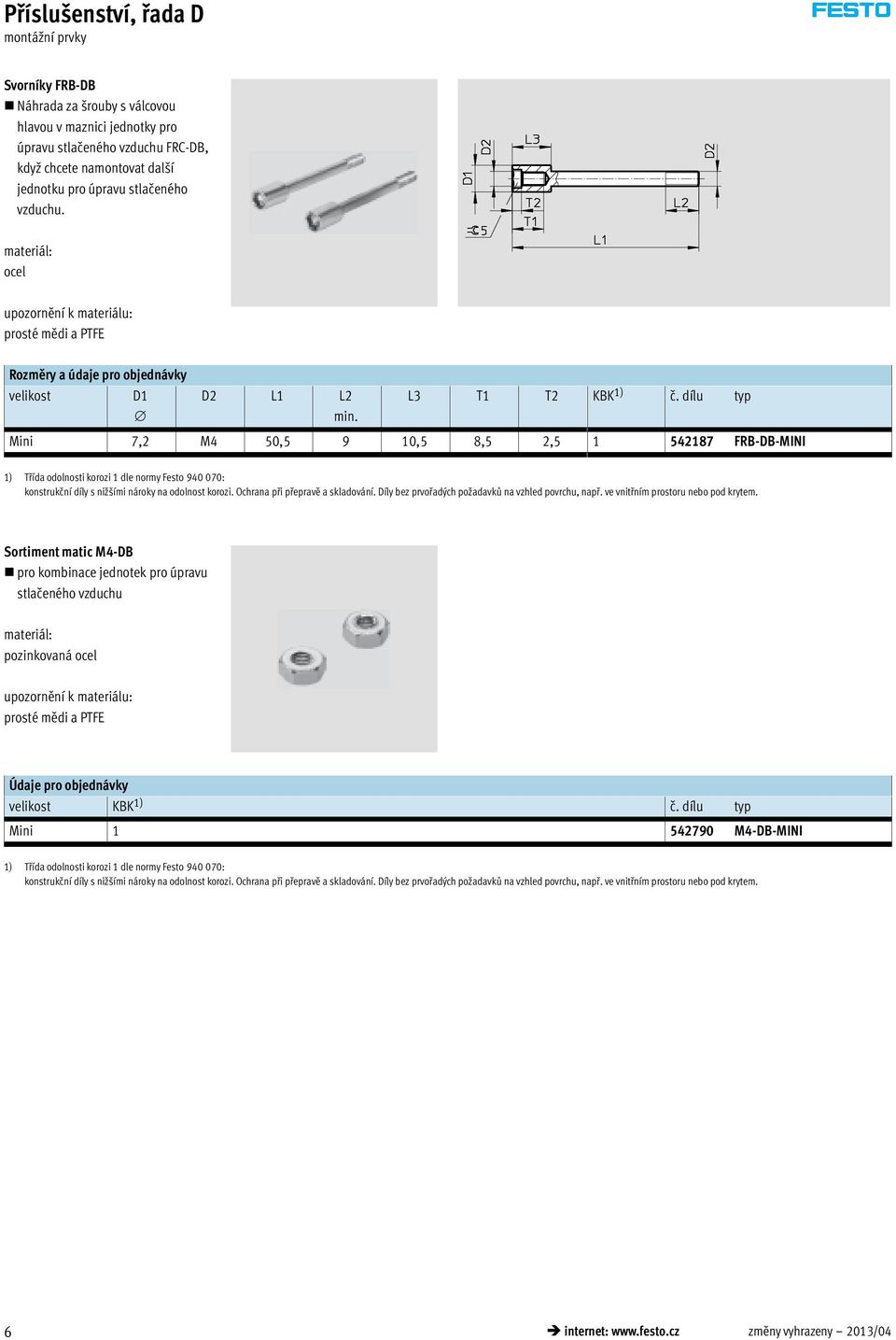 dílu typ Mini 7,2 M4 50,5 9 10,5 8,5 2,5 1 542187 FRB-DB-MINI 1) Třída odolnosti korozi 1 dle normy Festo 940 070: konstrukční díly s nižšími nároky na odolnost korozi.