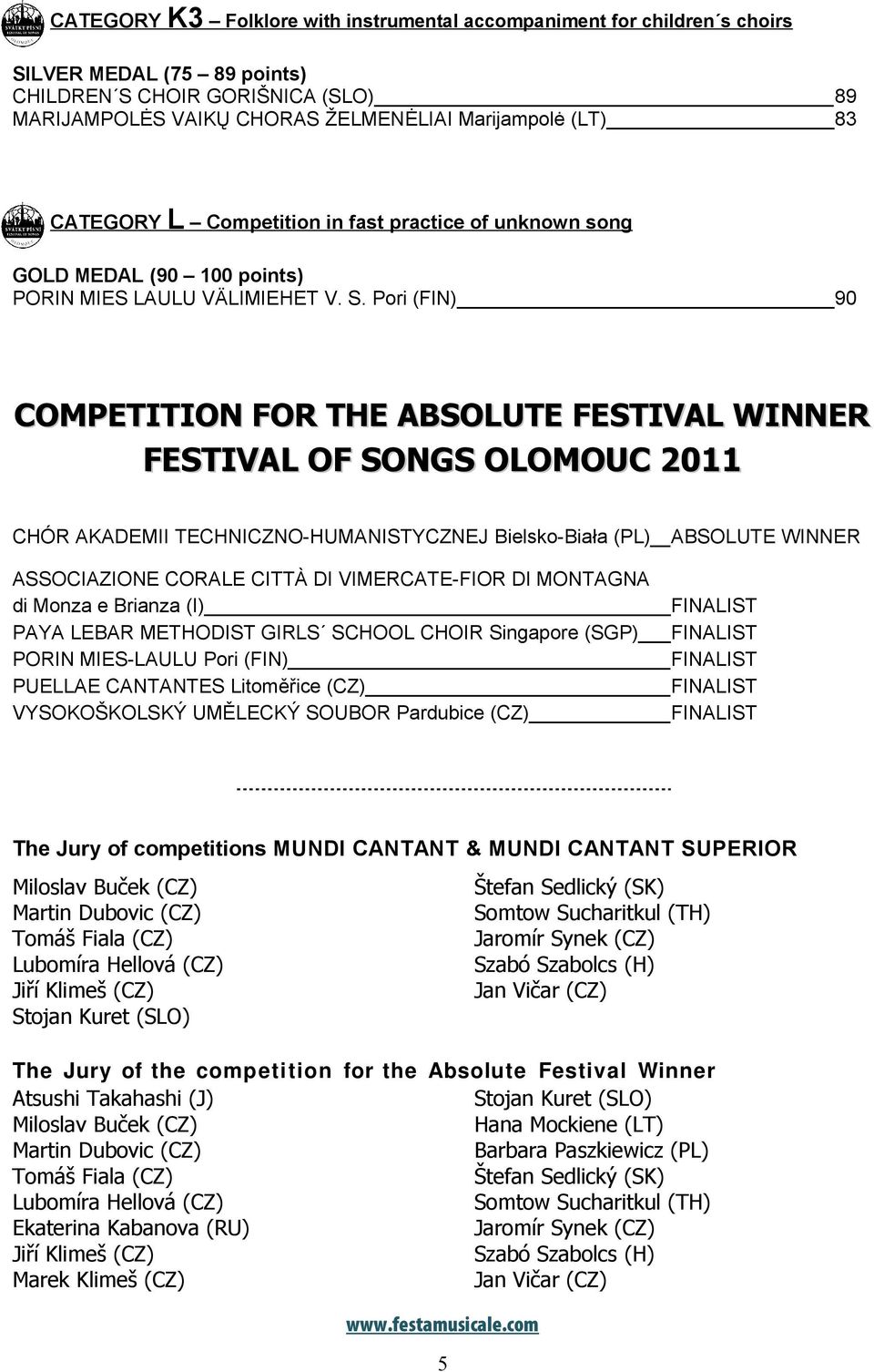 Pori (FIN) 90 COMPETITION FOR THE ABSOLUTE FESTIVAL WINNER FESTIVAL OF SONGS OLOMOUC 2011 CHÓR AKADEMII TECHNICZNO-HUMANISTYCZNEJ Bielsko-Biała (PL) ABSOLUTE WINNER ASSOCIAZIONE CORALE CITTÀ DI