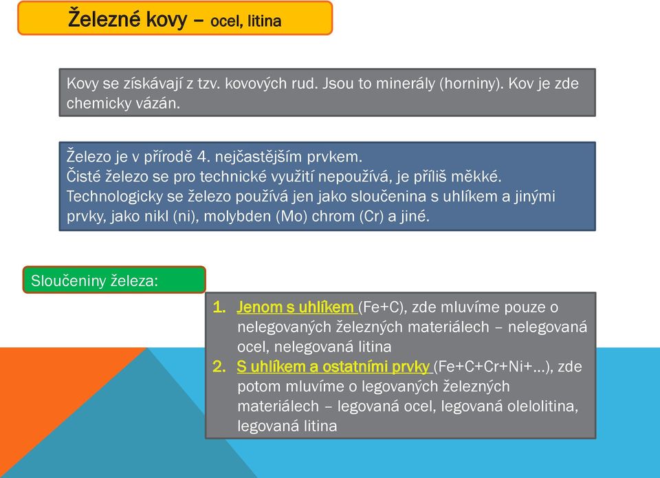 Technologicky se železo používá jen jako sloučenina s uhlíkem a jinými prvky, jako nikl (ni), molybden (Mo) chrom (Cr) a jiné. Sloučeniny železa: 1.