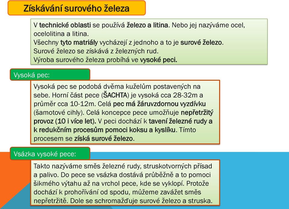 Horní část pece (ŠACHTA) je vysoká cca 28-32m a průměr cca 10-12m. Celá pec má žáruvzdornou vyzdívku (šamotové cihly). Celá koncepce pece umožňuje nepřetržitý provoz (10 i více let).