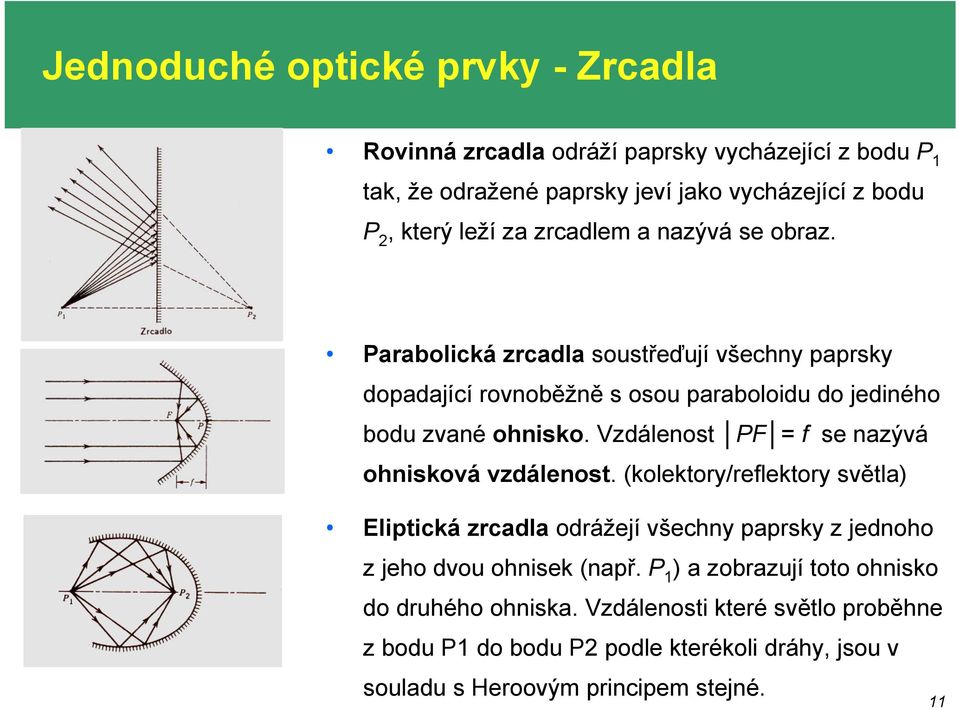 Vzdálenost PF = f se nazývá ohnisková vzdálenost. (kolektory/reflektory světla) Eliptická zrcadla odrážejí všechny paprsky z jednoho z jeho dvou ohnisek (např.