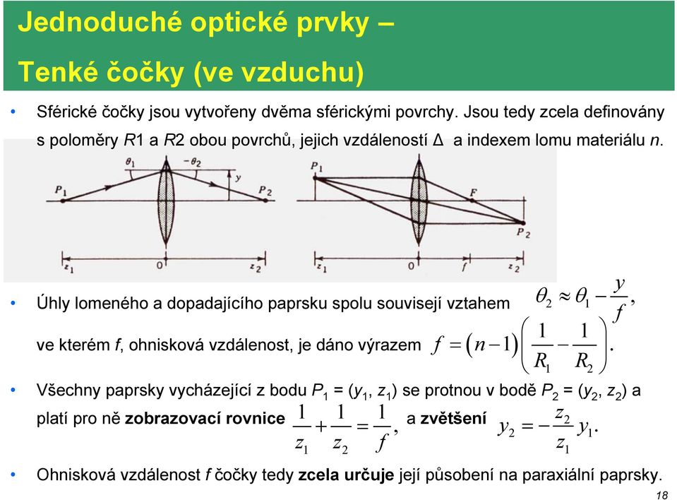 Úhly lomeného a dopadajícího paprsku spolu souvisejí vztahem θ 2 θ1, ve kterém f, ohnisková vzdálenost, je dáno výrazem Všechny paprsky vycházející z bodu