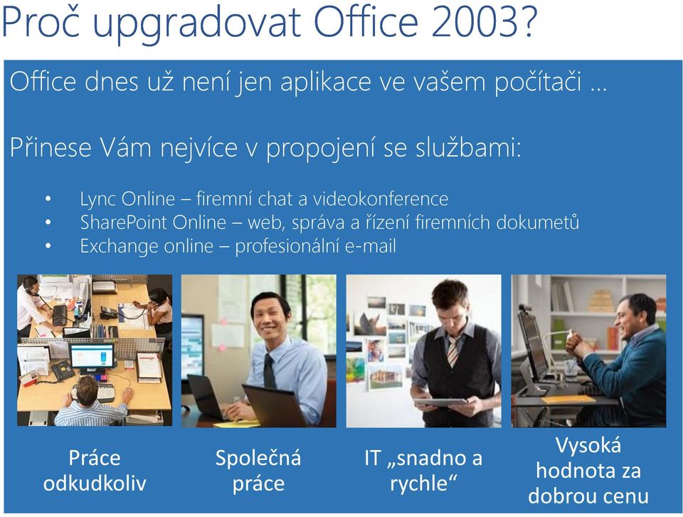 je již 10 let starý software, podpora a vydávání bezpečnostních záplat končí začátkem roku 2014 Lync Online firemní chat a videokonference SharePoint Online web, správa a řízení firemních dokumetů