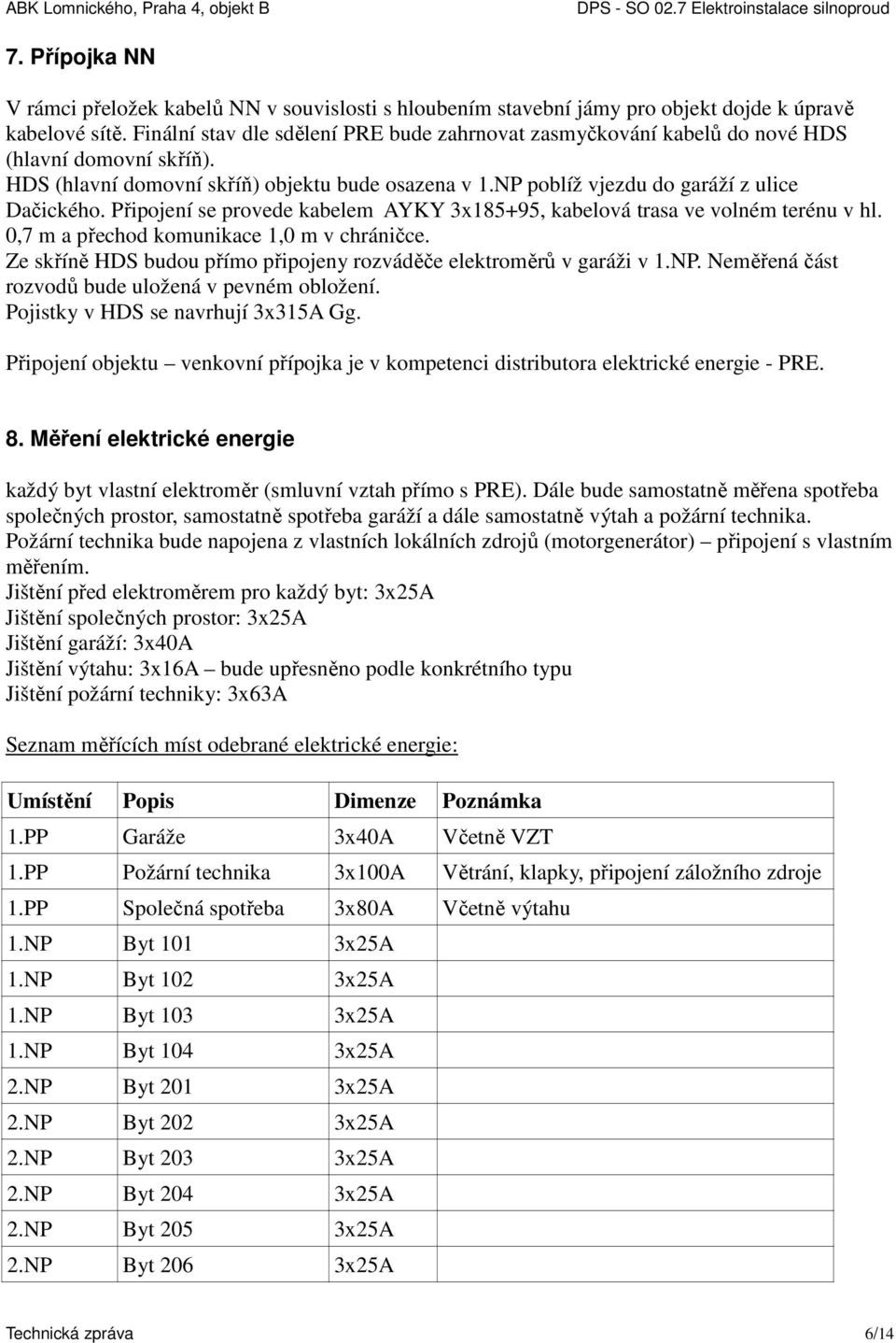 Připojení se provede kabelem AYKY 3x185+95, kabelová trasa ve volném terénu v hl. 0,7 m a přechod komunikace 1,0 m v chráničce. Ze skříně HDS budou přímo připojeny rozváděče elektroměrů v garáži v 1.