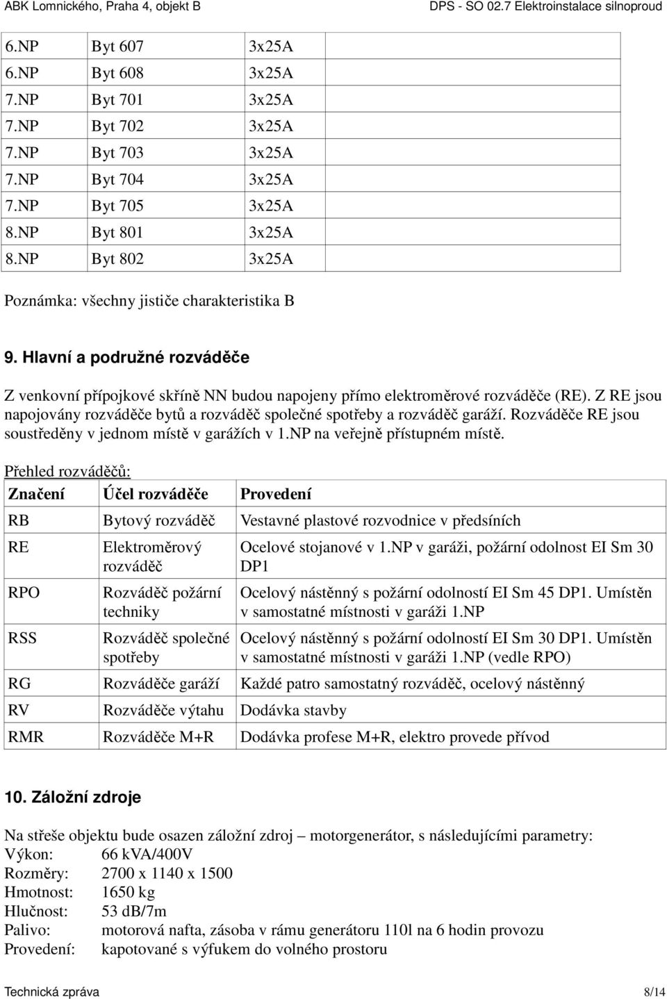 Z RE jsou napojovány rozváděče bytů a rozváděč společné spotřeby a rozváděč garáží. Rozváděče RE jsou soustředěny v jednom místě v garážích v 1.NP na veřejně přístupném místě.