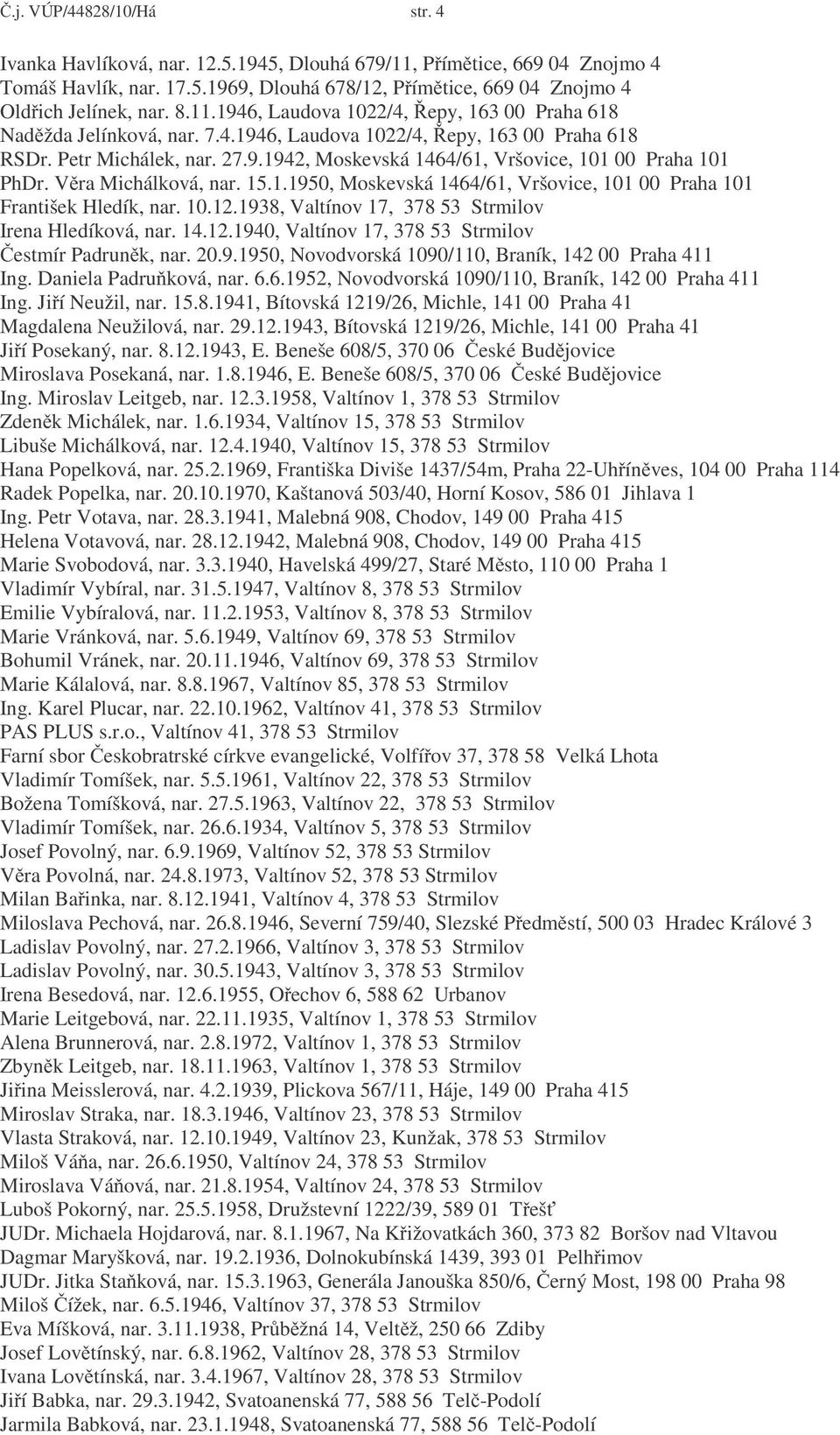 V ra Michálková, nar. 15.1.1950, Moskevská 1464/61, Vršovice, 101 00 Praha 101 František Hledík, nar. 10.12.1938, Valtínov 17, 378 53 Strmilov Irena Hledíková, nar. 14.12.1940, Valtínov 17, 378 53 Strmilov estmír Padrun k, nar.
