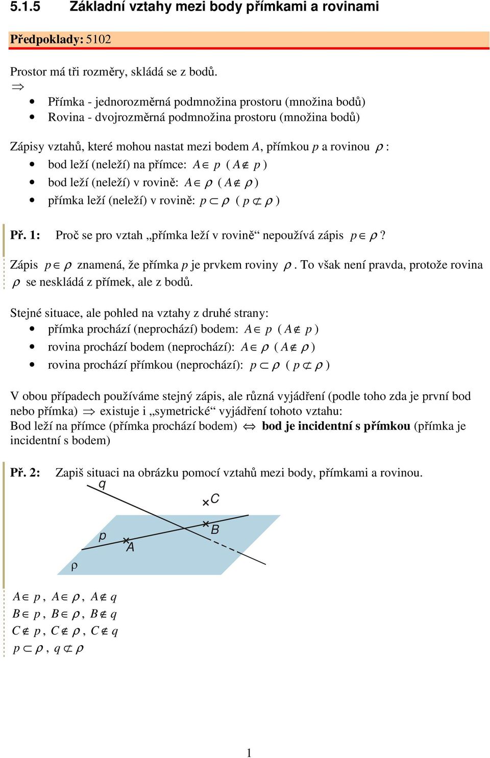 přímce: p ( p ) bod leží (neleží) v rovině: ρ ( ρ ) přímk leží (neleží) v rovině: p ρ ( p ρ ) Př. 1: Proč se pro vzth přímk leží v rovině nepoužívá zápis p ρ?