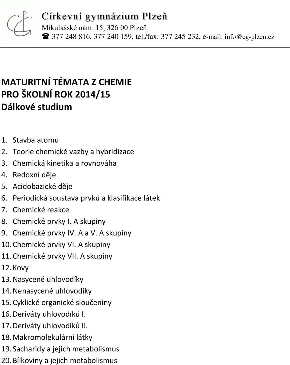 A skupiny 10. Chemické prvky VI. A skupiny 11. Chemické prvky VII. A skupiny 12. Kovy 13. Nasycené uhlovodíky 14. Nenasycené uhlovodíky 15.