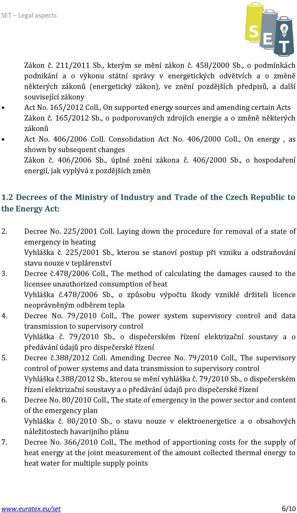 165/2012 Coll., On supported energy sources and amending certain Acts Zákon č. 165/2012 Sb., o podporovaných zdrojích energie a o změně některých zákonů Act No. 406/2006 Coll. Consolidation Act No.