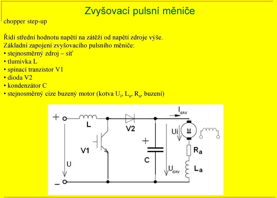 Základní zapojení zvyšovacího pulsního měniče: stejnosměrný zdroj síť