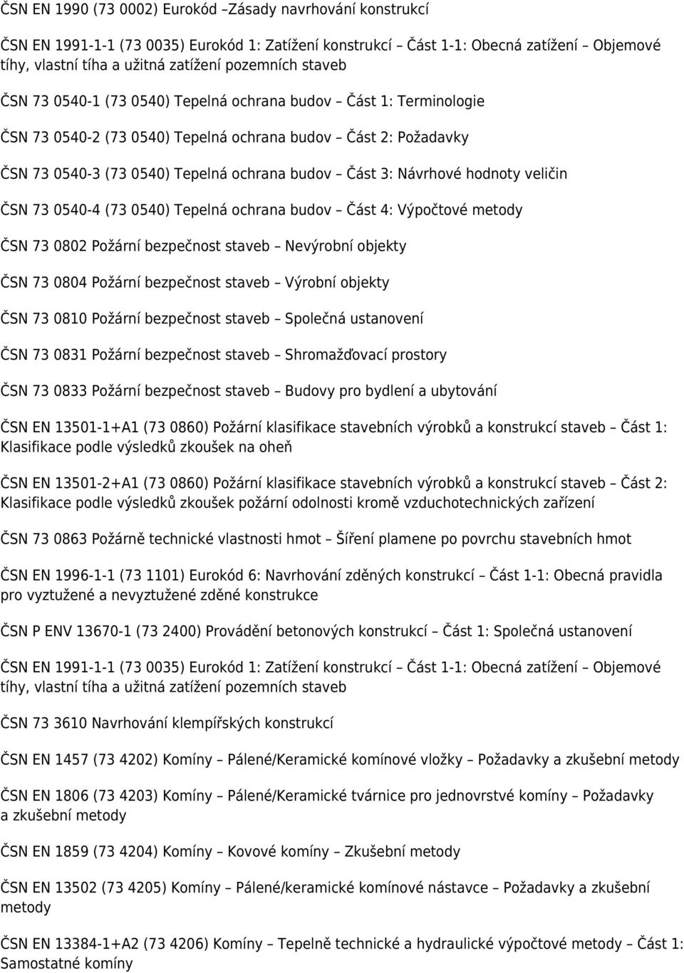 Návrhové hodnoty veličin ČSN 73 0540-4 (73 0540) Tepelná ochrana budov Část 4: Výpočtové metody ČSN 73 0802 Požární bezpečnost staveb Nevýrobní objekty ČSN 73 0804 Požární bezpečnost staveb Výrobní