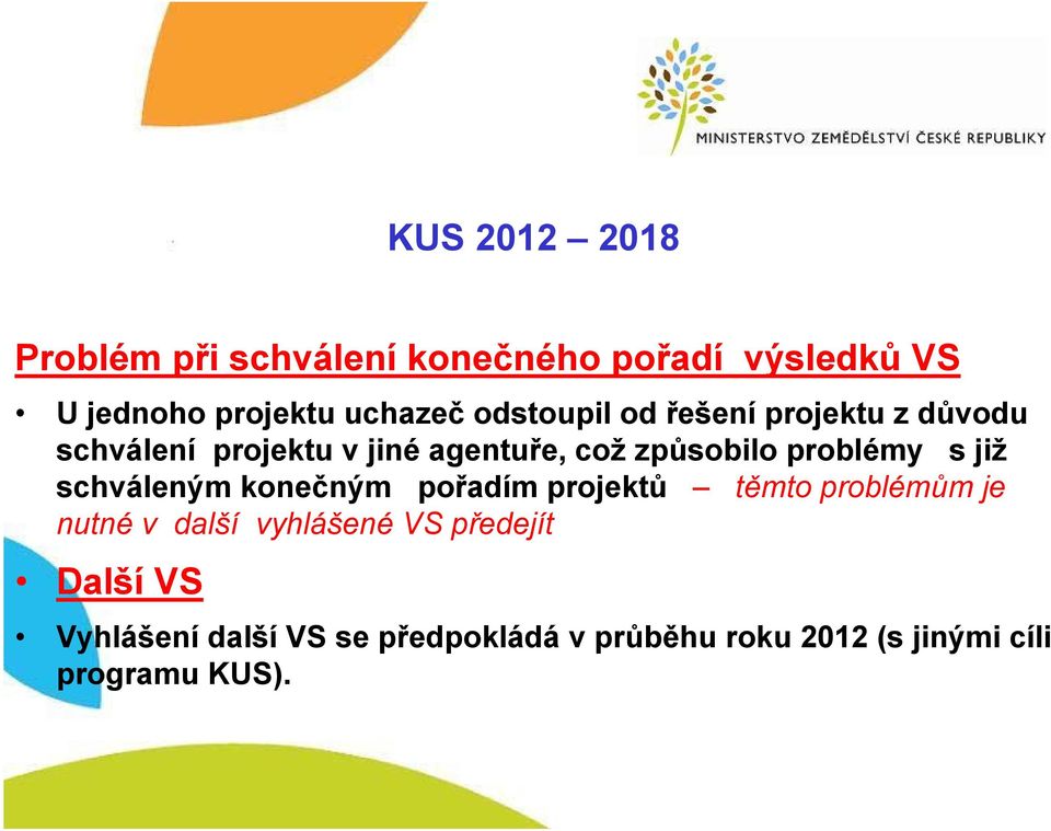 problémy s již schváleným konečným pořadím projektů těmto problémům je nutné v další vyhlášené VS