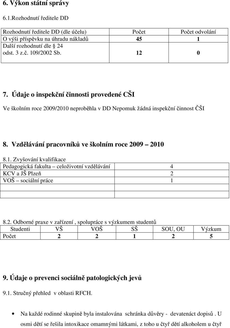 2. Odborné praxe v zařízení, spolupráce s výzkumem studentů Studenti VŠ VOŠ SŠ SOU, OU Výzkum Počet 2 2 1 2 5 9. Údaje o prevenci sociálně patologických jevů 9.1. Stručný přehled v oblasti RFCH.
