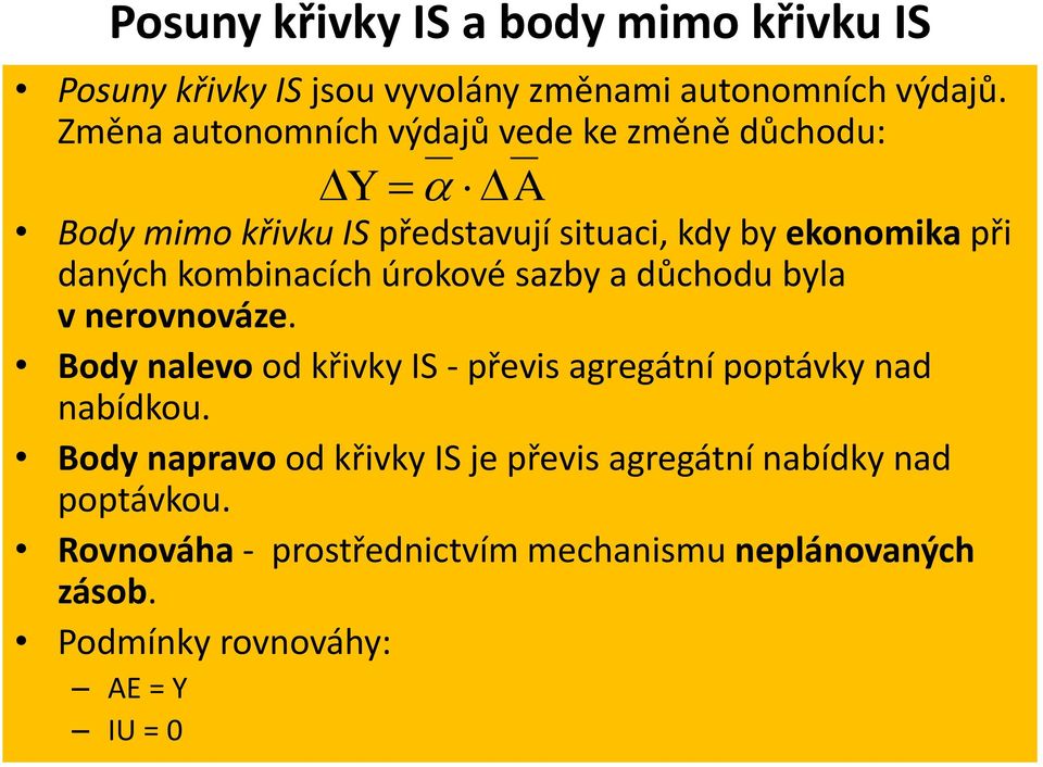 kombinacích úrokové sazby a důchodu byla v nerovnováze. Body nalevo od křivky IS - převis agregátní poptávky nad nabídkou.